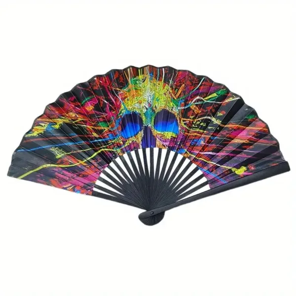 Black folding fan with colorful skull design.