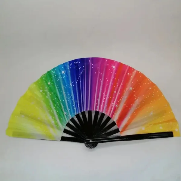 Rainbow folding fan with white stars.