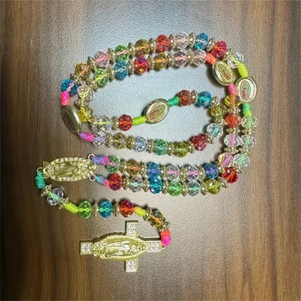 Colorful crystal rosary with gold accents.