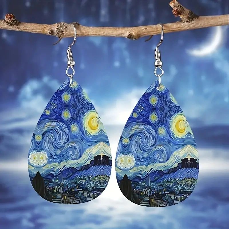 Starry Night themed teardrop earrings.