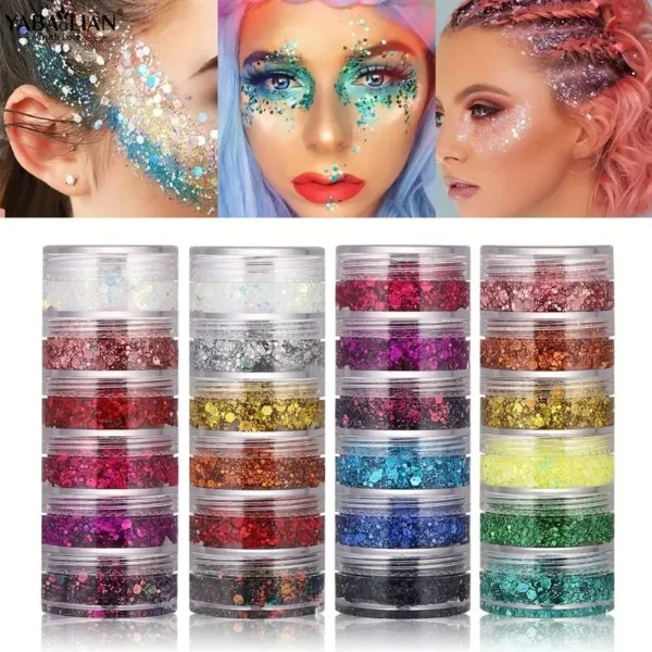 Multicolor glitter jars for face makeup.