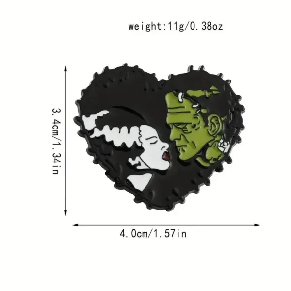 Black heart-shaped Frankenstein and Bride pin.