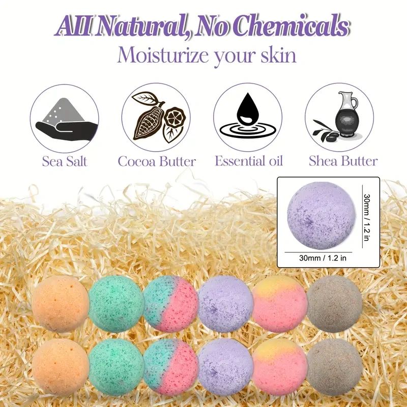 Twelve colorful bath bombs in shredded paper.