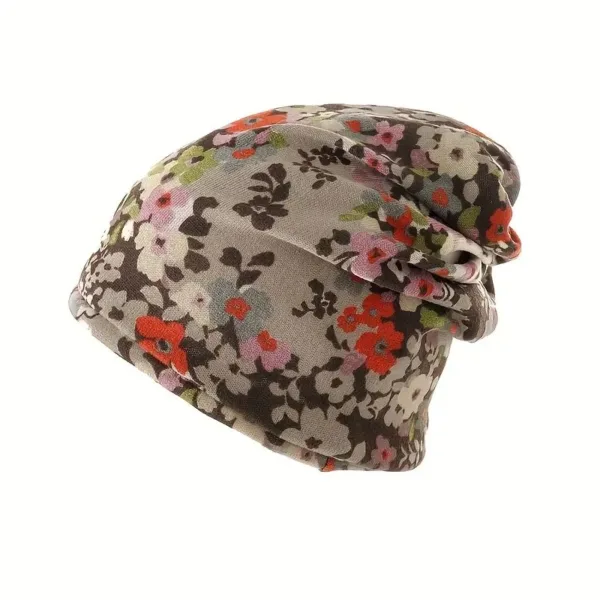 Floral print beanie hat with brown background.