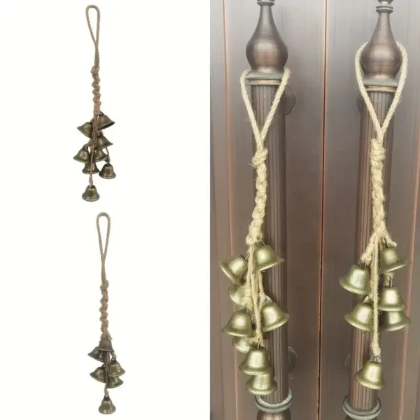 Brass bell door chime with rope.