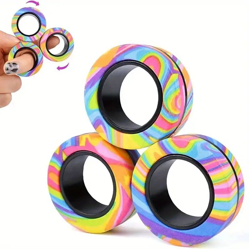 Three colorful fidget rings stacked