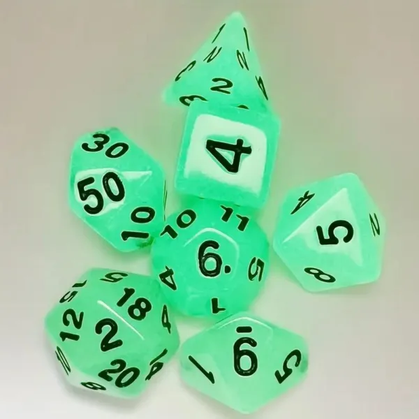 Green glow-in-the-dark dice set.