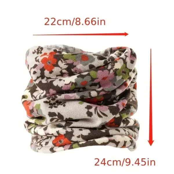 Floral patterned neck warmer with measurements.