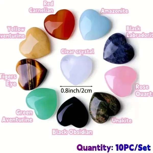 Ten heart-shaped crystal stones set.