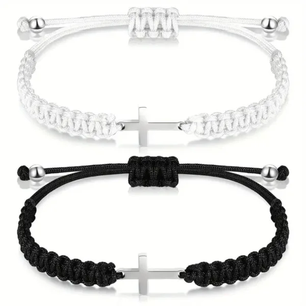 Two cross bracelets, black and white cord.