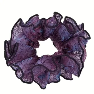 Purple lace hair scrunchie with black trim.