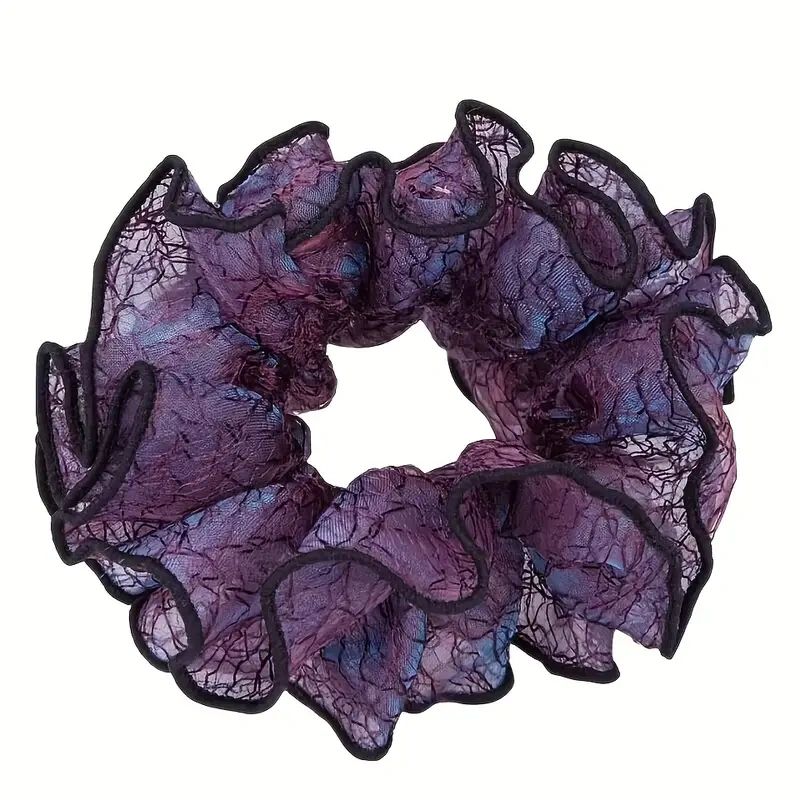 Purple lace hair scrunchie with black trim.