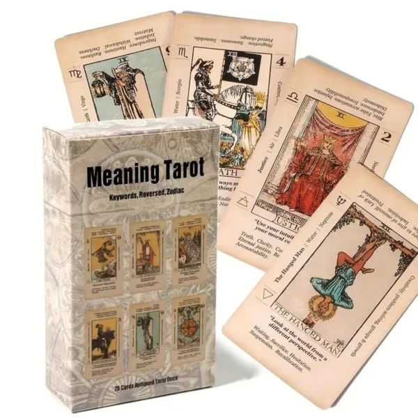 Antique tarot deck, 78 cards, meanings included.