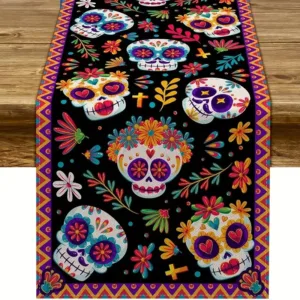 Colorful Day of the Dead skull table runner.