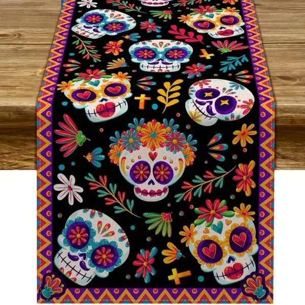 Colorful Day of the Dead skull table runner.