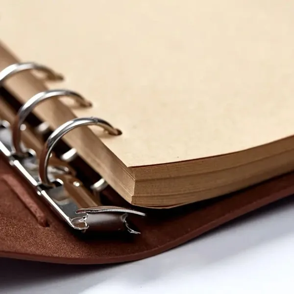 Brown leather bound ring binder notebook.