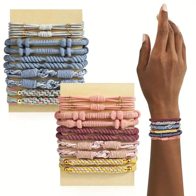 Colorful braided bracelets with gold beads.