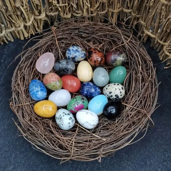 Colorful crystal eggs in a nest.