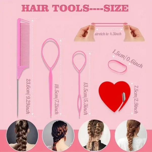 Pink hair tools with size measurements.