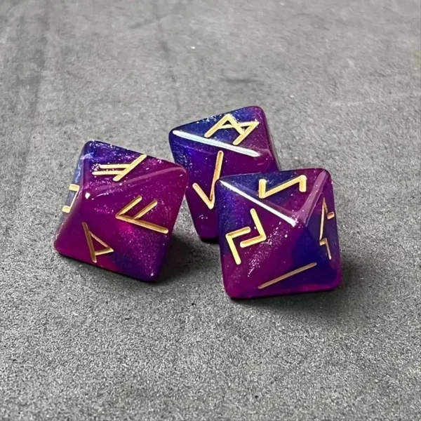 Three purple dice with gold runes.