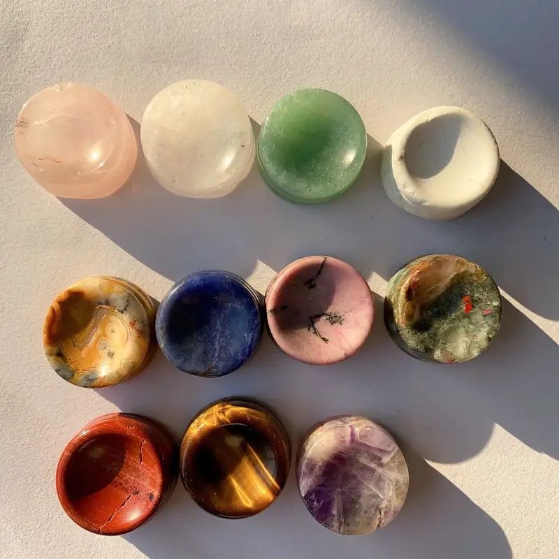 Collection of colorful gemstone dishes.