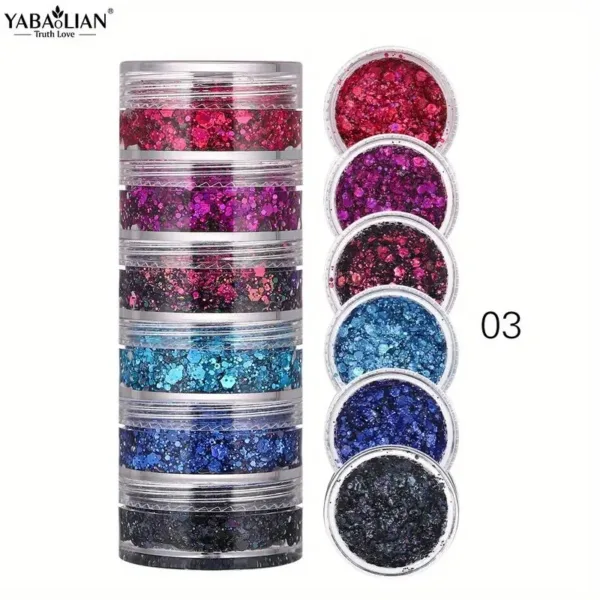 Six jars of colorful glitter makeup.