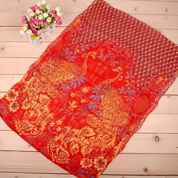 Red silk scarf with peacock design.