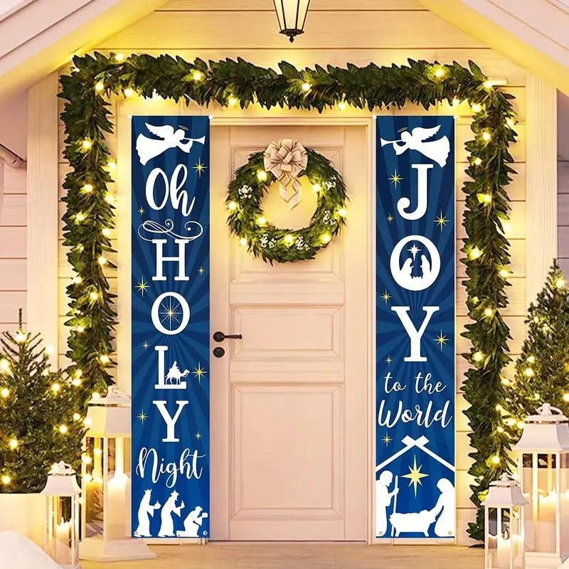 Christmas door banners with "Oh Holy Night" and "Joy to the World" messages.