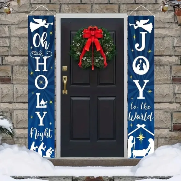 Christmas door banners with "Oh Holy Night" and "Joy to the World" messages.