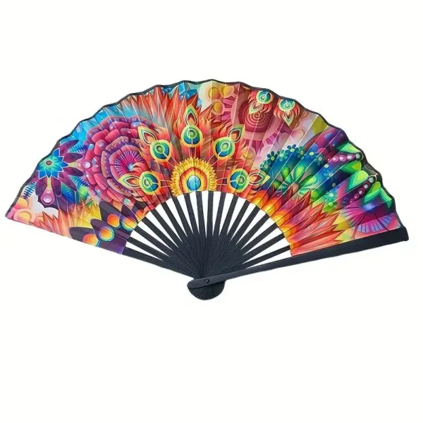 Colorful floral hand fan with black handle.