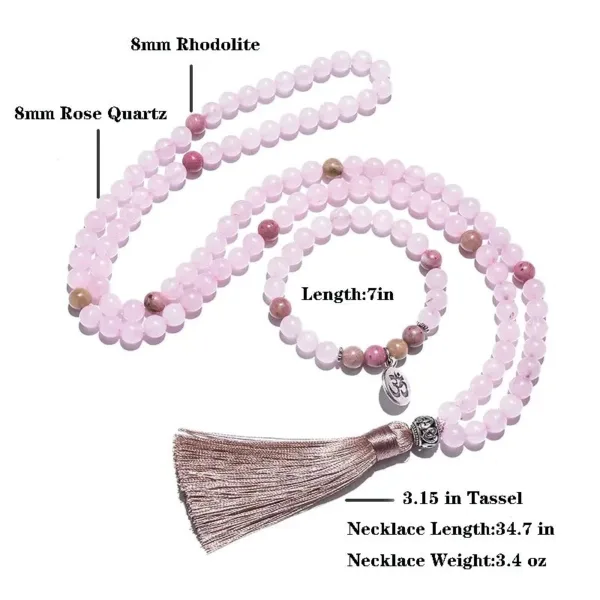 Pink quartz and rhodolite mala necklace with tassel.