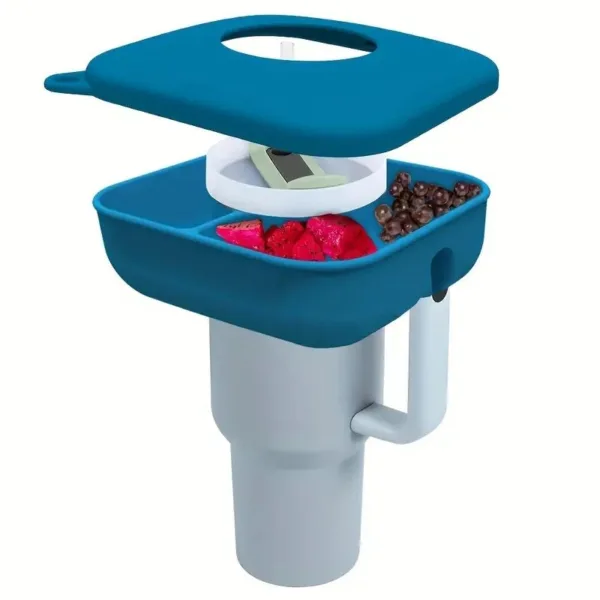 Blue snack holder with fruit and lid.