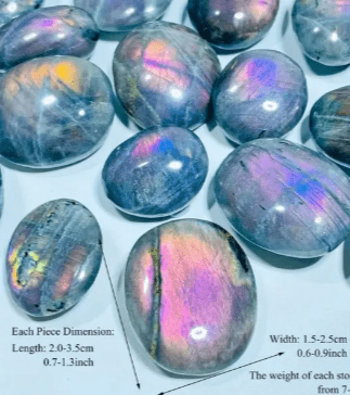 Smooth, iridescent labradorite tumbled stones.