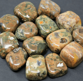 Leopard skin jasper tumbled stones.