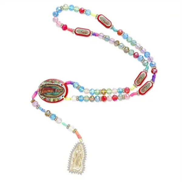 Colorful beaded rosary with Virgin Mary pendant.