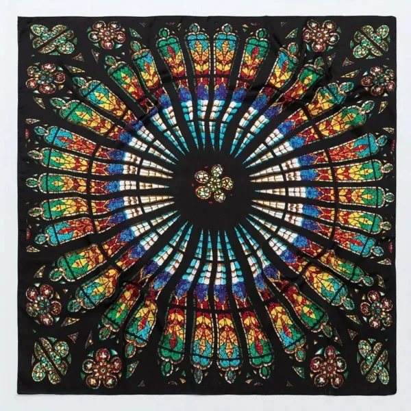 Black silk scarf with stained glass design.