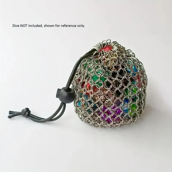 Chainmail dice bag with colorful dice.