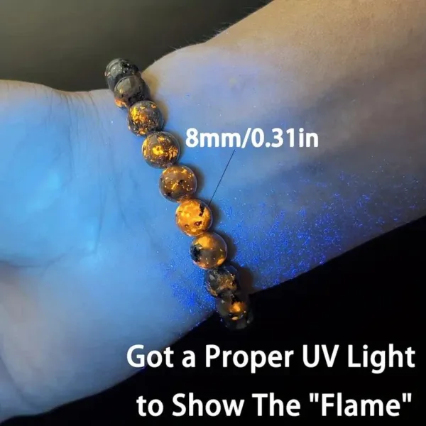 Amber bracelet under UV light.