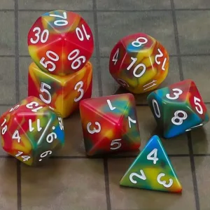 Multicolored dice with white numbers.