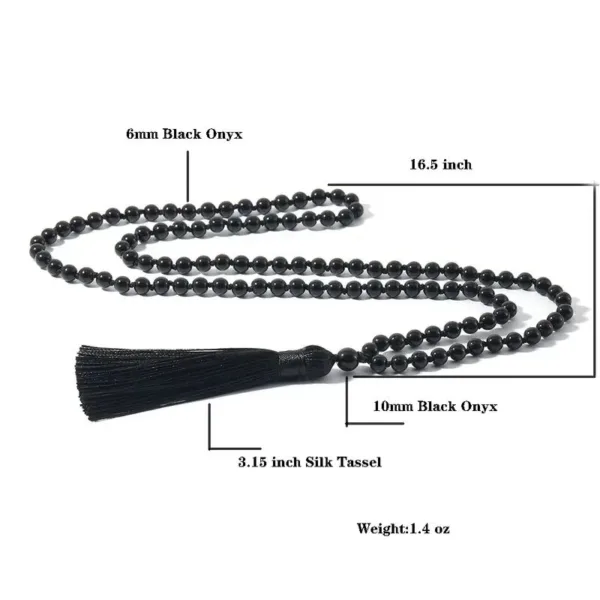 Black onyx beaded necklace with tassel.