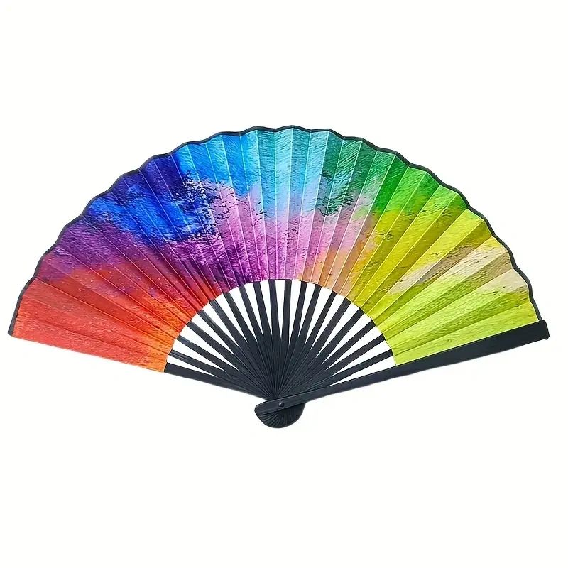 Rainbow hand fan with black handle.