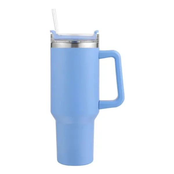 Blue stainless steel travel mug with handle.