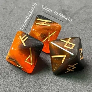 Three orange and black dice with runes.