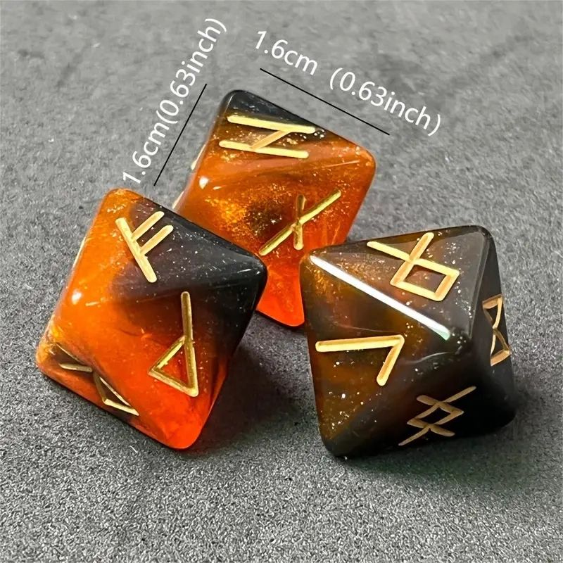 Three orange and black dice with runes.