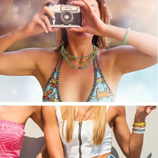 Two women in swimwear taking photos.