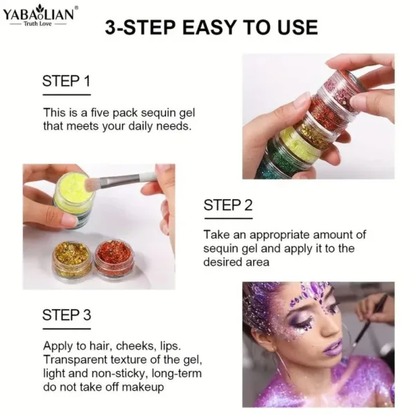 Five-pack sequin gel for face and hair.