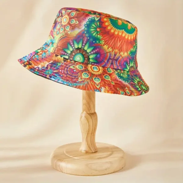 Colorful floral patterned bucket hat on stand.