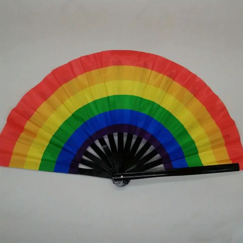 Rainbow fan with black handle.