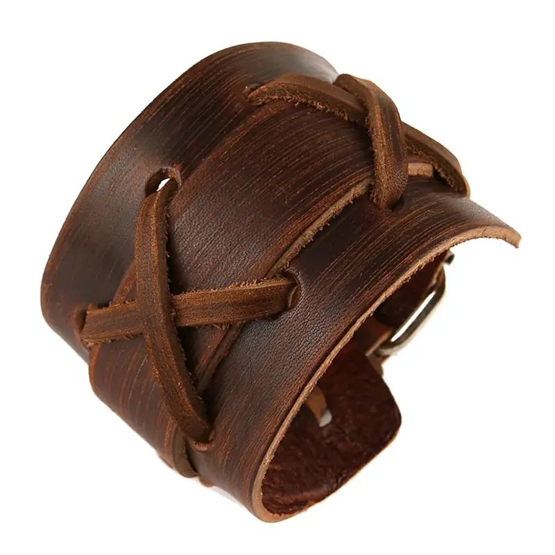 Brown leather braided wrist cuff bracelet.