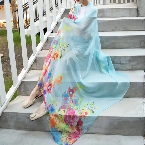 Woman wearing a blue floral shawl.